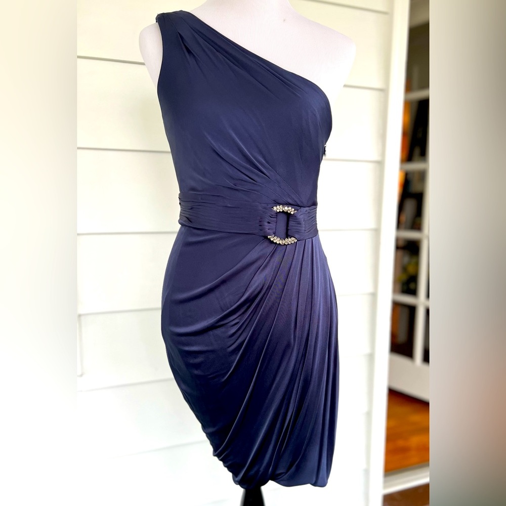 Women’s BCBG maxzaria, one shoulder midnight purple/blue dress